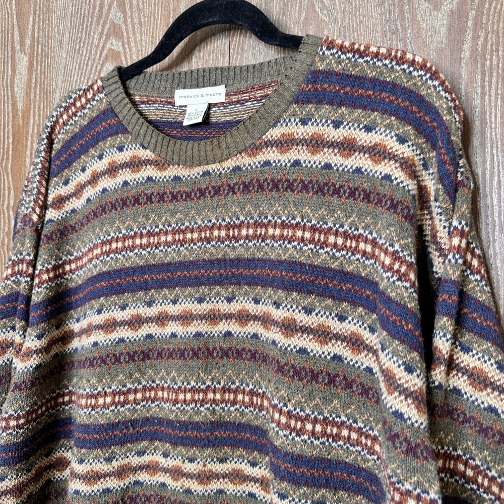VTG Earthy Men Large Sweater Fair Isle Geometric Stripe Cotton Blend USA Presick - Picture 2 of 8
